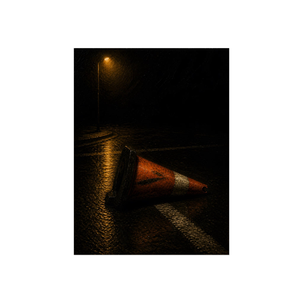 A toppled orange traffic cone on a wet road under a lone streetlight. The Taking by the Bumper by Garabaggio, fine art print, 12″ x 16″.