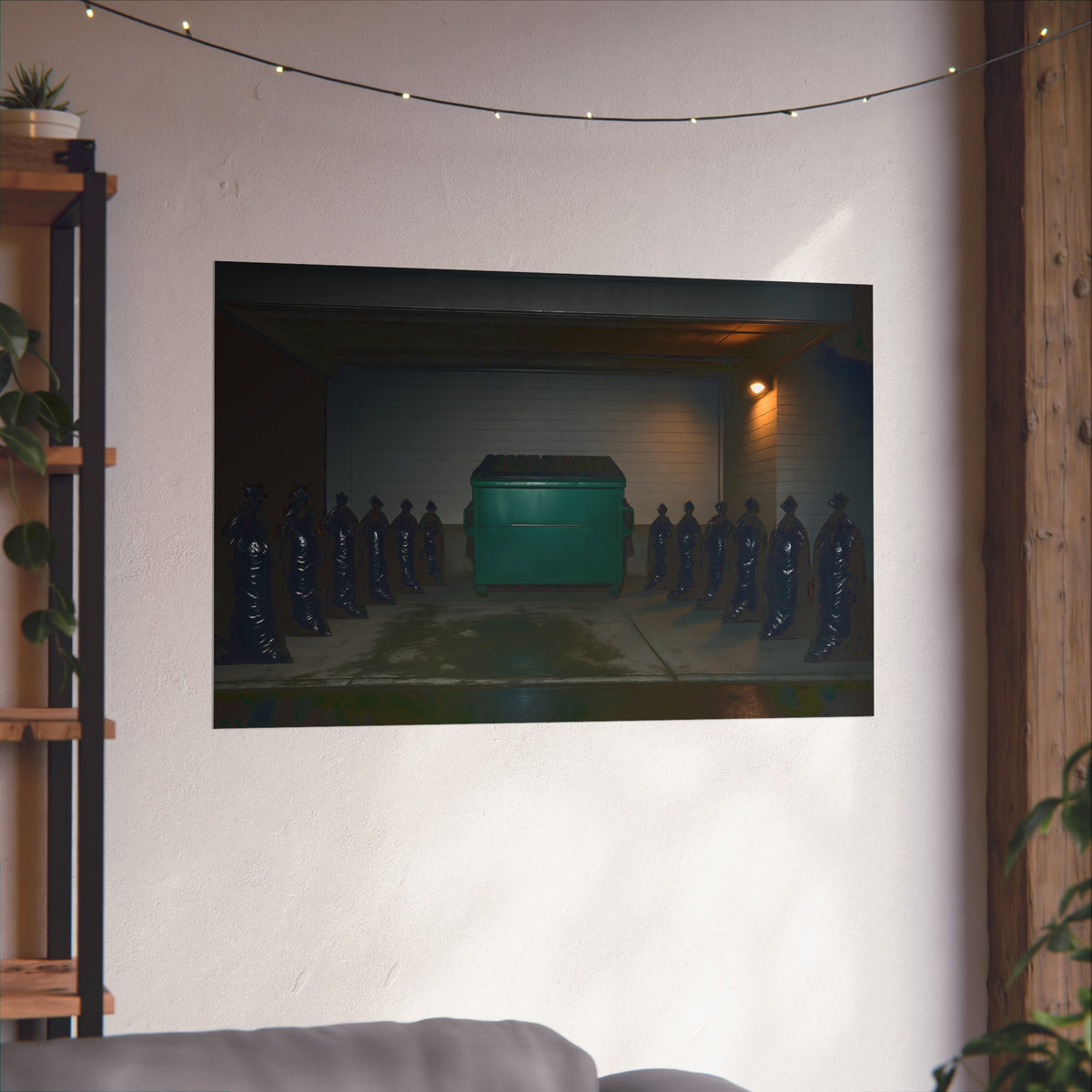 A green dumpster flanked by rows of black garbage bags under a lamp. Night Watch of the Loading Dock by Garabaggio, fine art print hanging in a room.