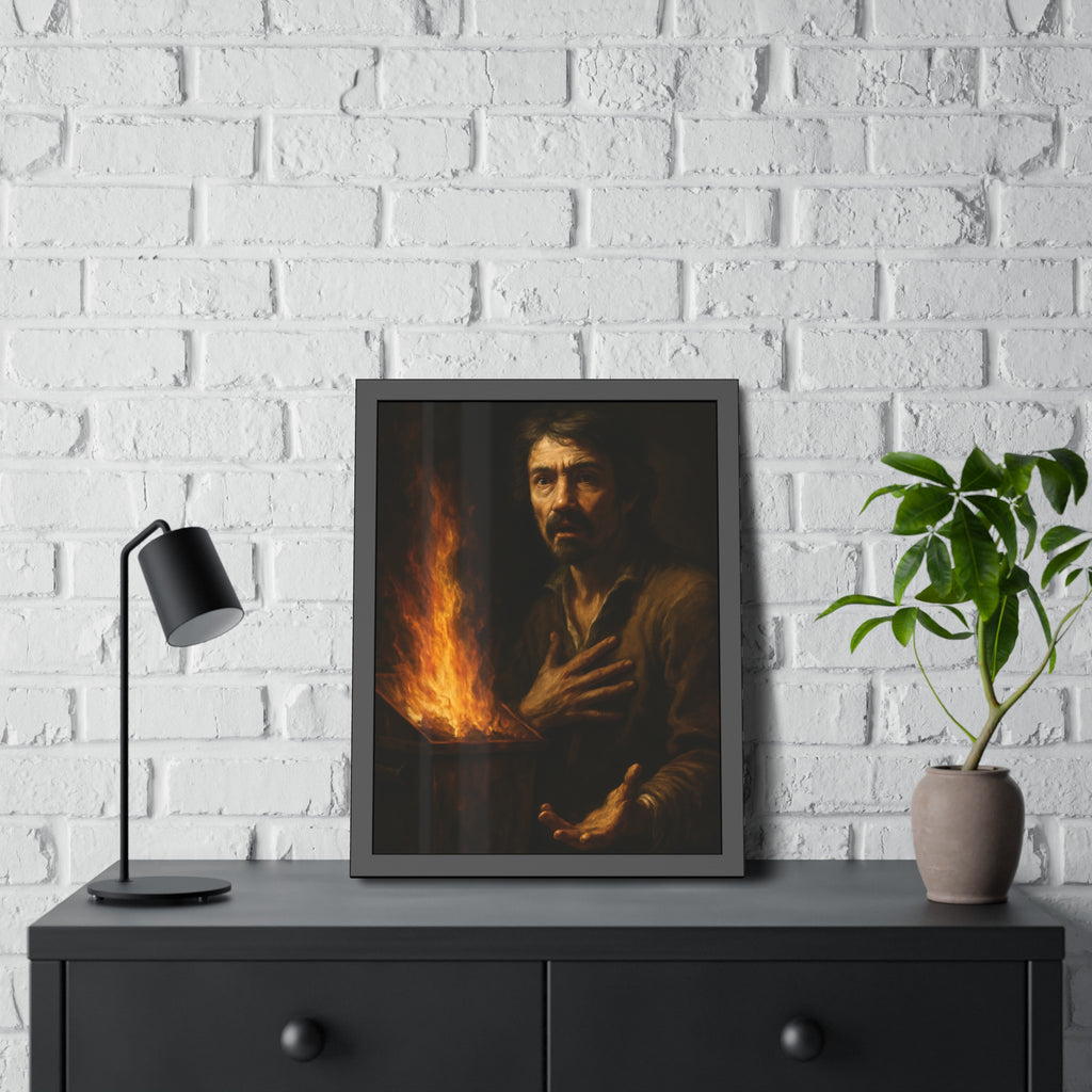 Man reaching an open palm toward a dumpster fire at his left. Self-Portrait as the Doubting Thomas by Garabaggio, framed fine art print hanging in a room.