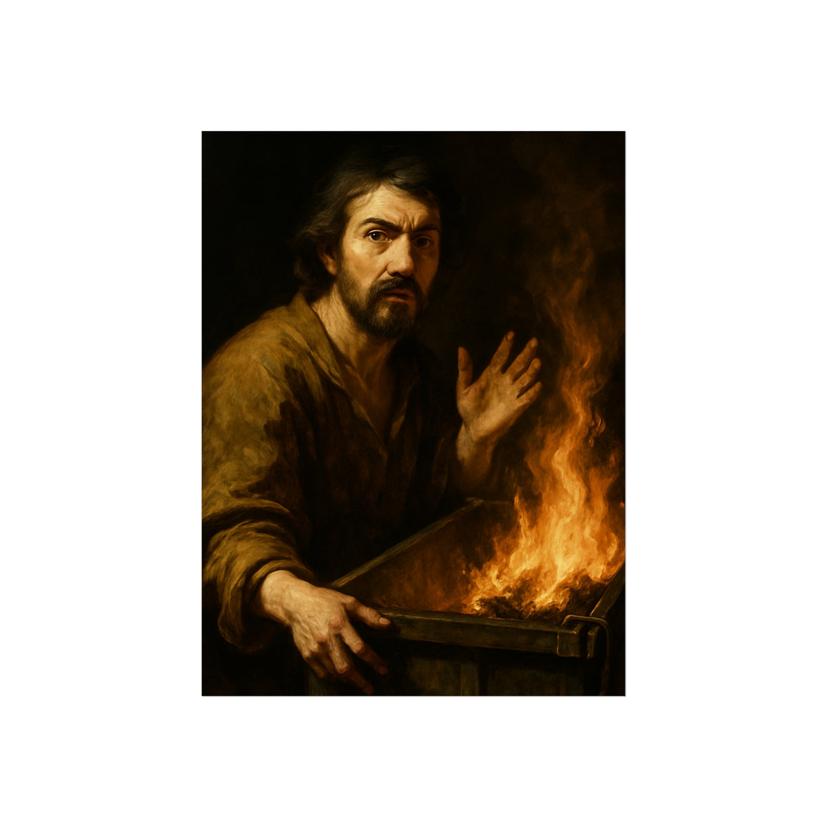 Man gripping the edge of a burning dumpster with one hand raised. Self-Portrait at 3:40 AM by Garabaggio, fine art print hanging in a room.