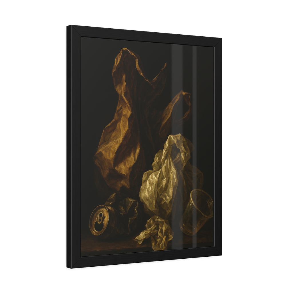 A plastic bag and crumpled paper beside a crushed can and clear cup. The Two Penitents by Garabaggio, framed fine art print hanging in a room.
