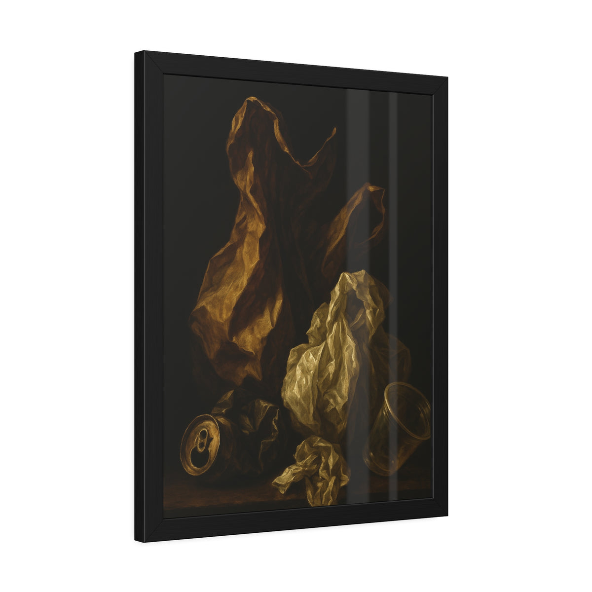 A plastic bag and crumpled paper beside a crushed can and clear cup. The Two Penitents by Garabaggio, framed fine art print hanging in a room.