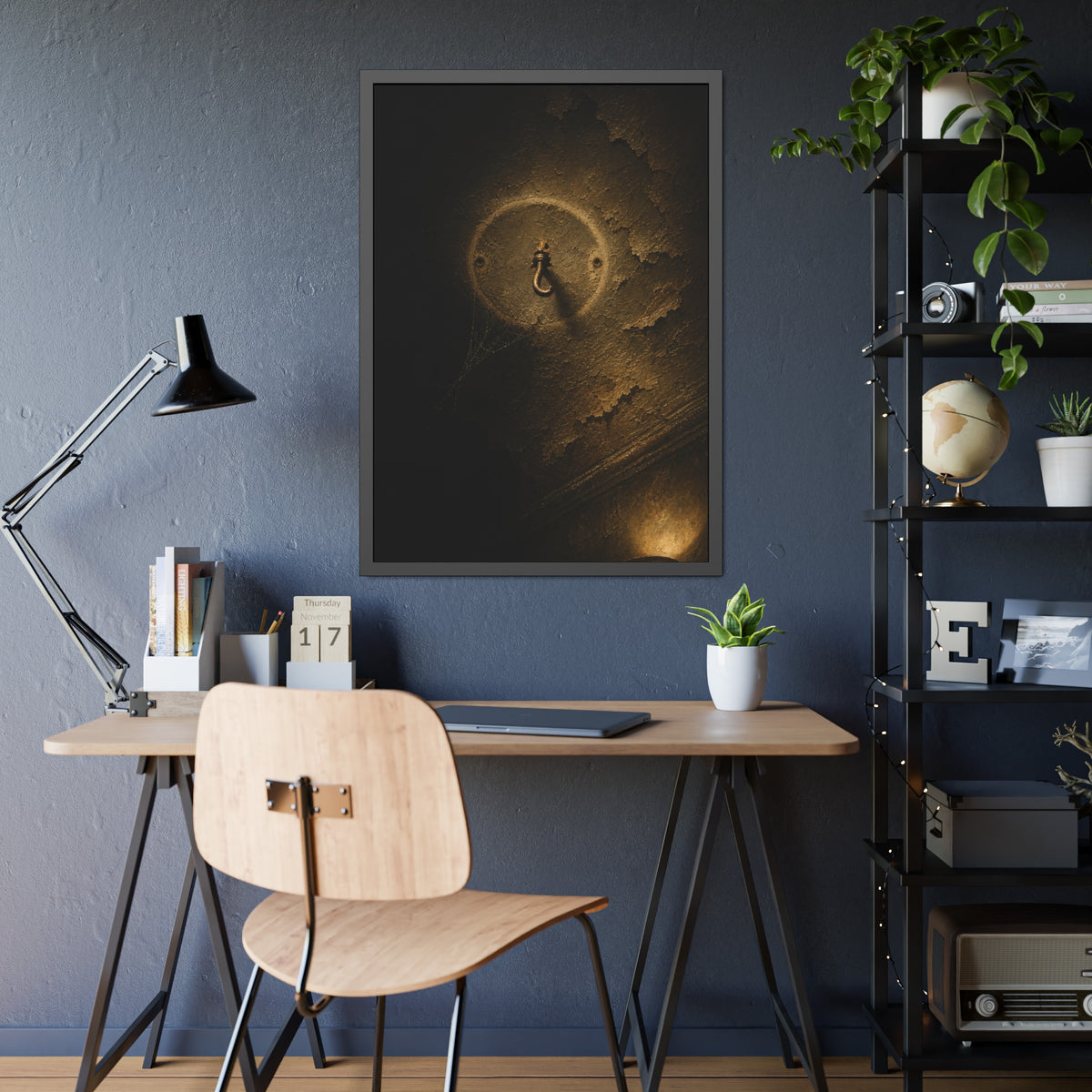 A small empty hook on a cracked ceiling, lit from one side. The Hook Without a Burden by Garabaggio, framed fine art print hanging in a room.