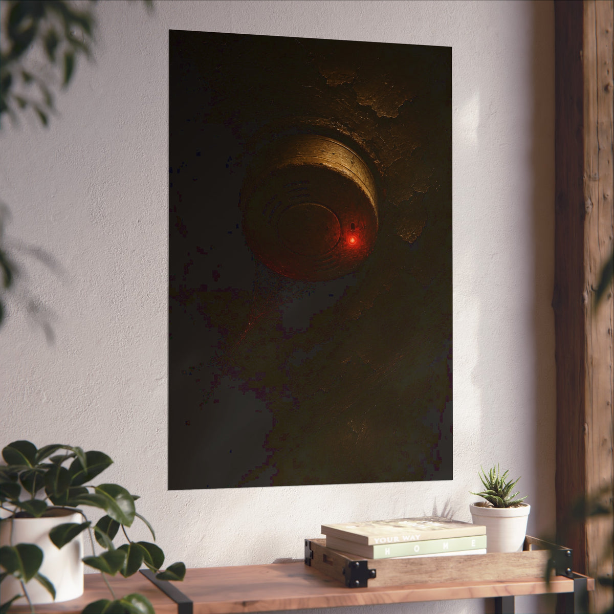 A dusty smoke detector on a peeling ceiling with its red light on. The First Red Blink by Garabaggio, fine art print hanging in a room.