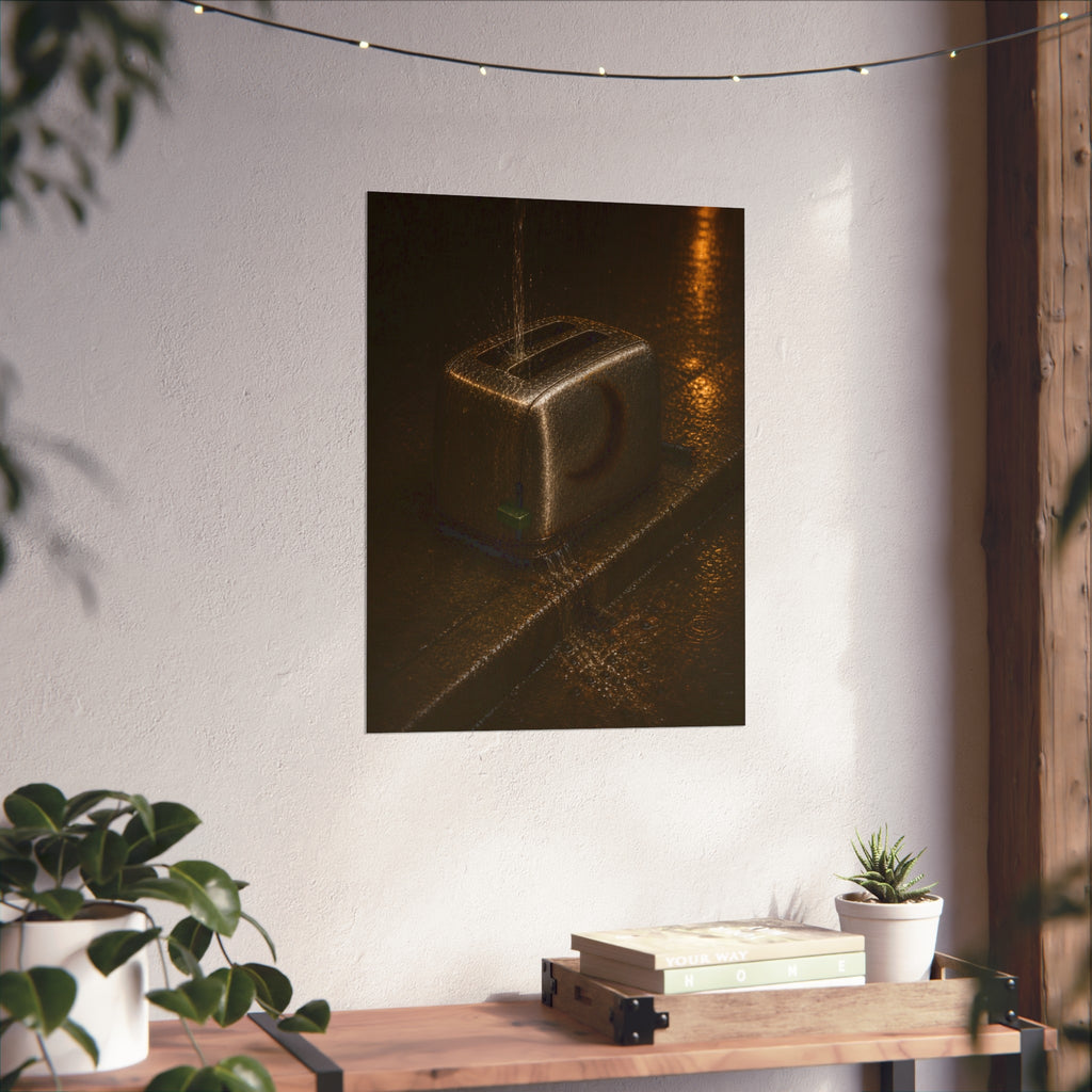 A toaster on a wet curb with water pouring into its slots. Rain Through the Slots by Garabaggio, fine art print hanging in a room.