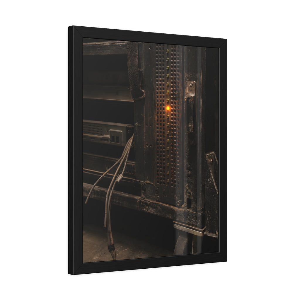 A single amber light among green LEDs on a grimy server rack. The Amber Fault by Garabaggio, framed fine art print hanging in a room.