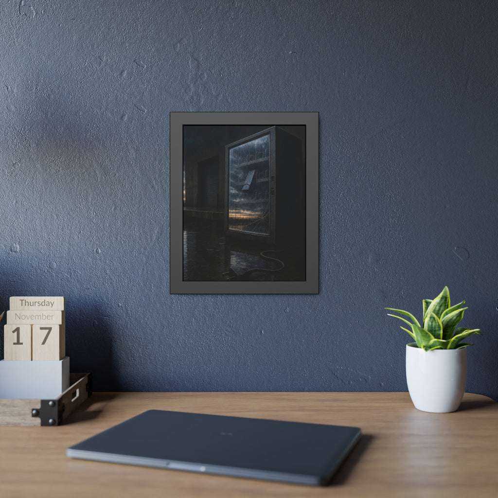 Empty vending machine with cracked glass reflecting dawn on a wet lot. Dawn in the Dead Glass by Garabaggio, framed fine art print hanging in a room.