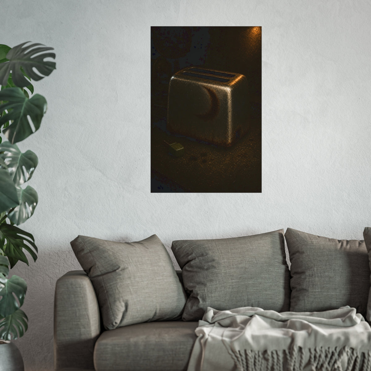 A scorched toaster on a dark counter with crumbs and its plug beside it. Shell Without Heat by Garabaggio, fine art print hanging in a room.