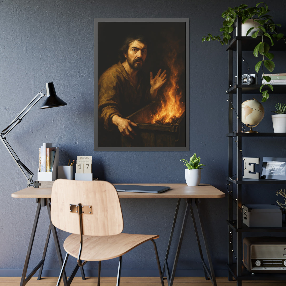 Man gripping the edge of a burning dumpster with one hand raised. Self-Portrait at 3:40 AM by Garabaggio, framed fine art print hanging in a room.