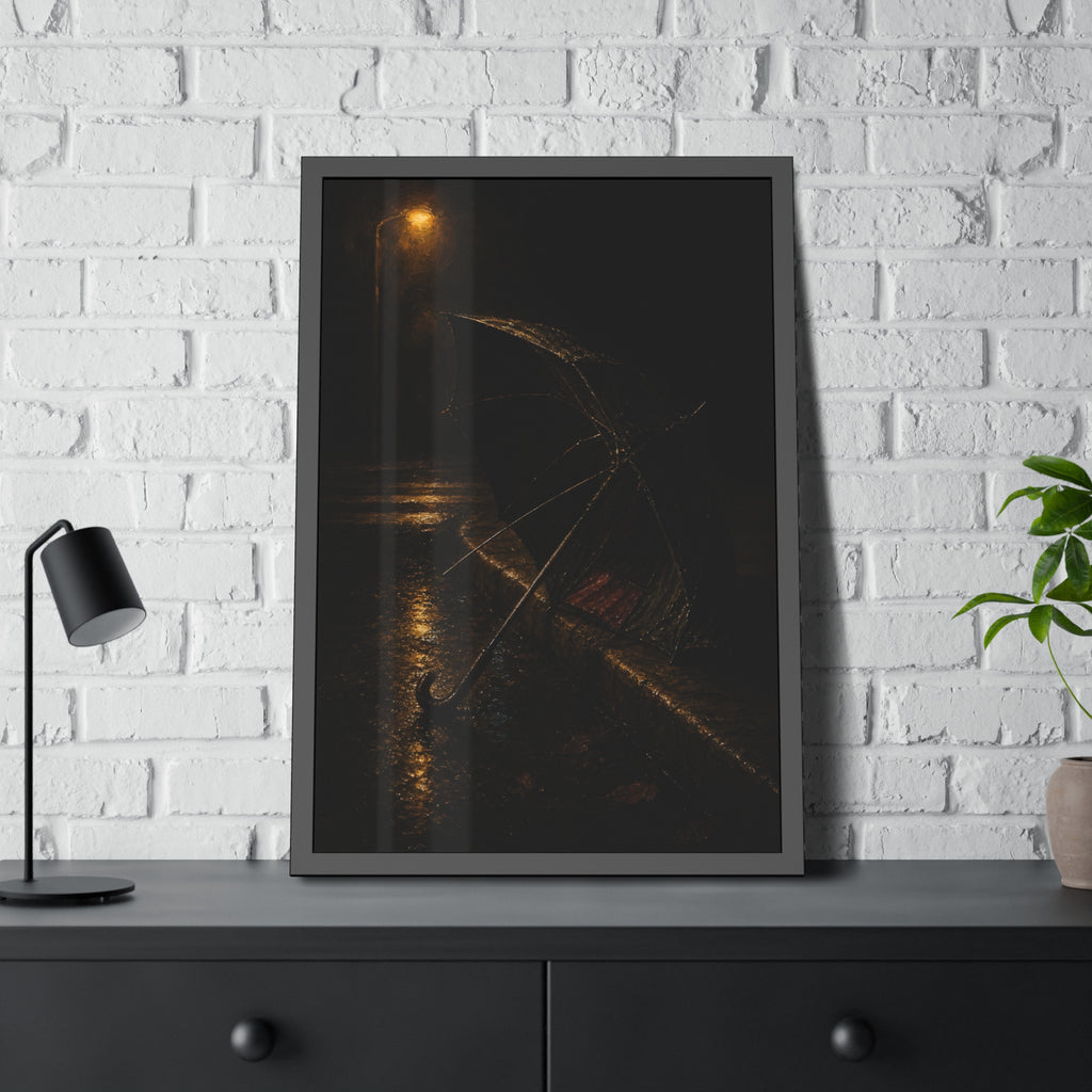 An open umbrella with bent ribs on a wet curb under a street lamp. The Presentation at the Crosswalk by Garabaggio, framed fine art print hanging in a room.