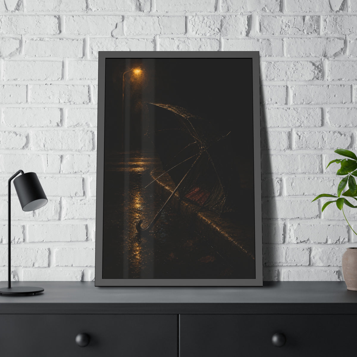 An open umbrella with bent ribs on a wet curb under a street lamp. The Presentation at the Crosswalk by Garabaggio, framed fine art print hanging in a room.