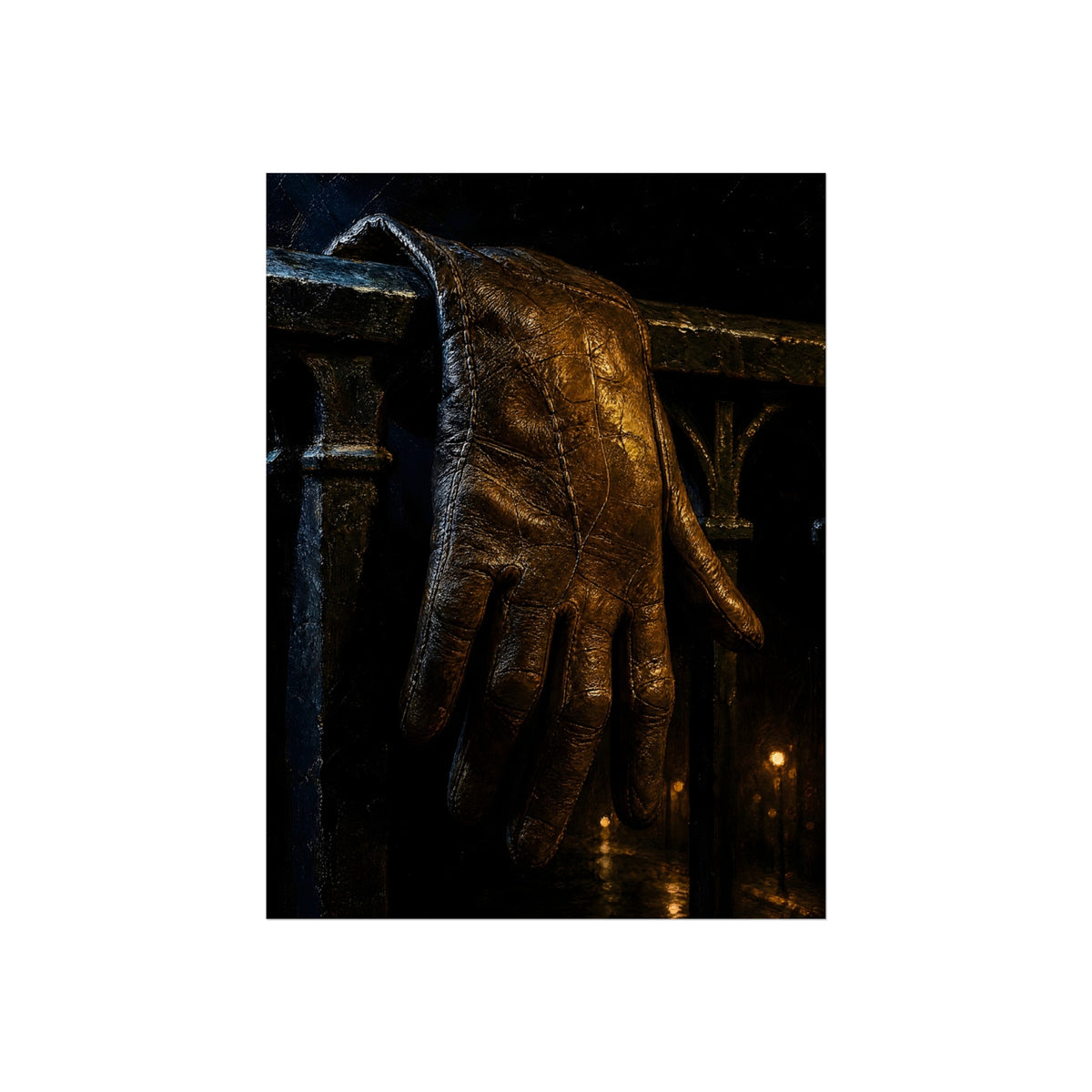 A leather glove draped over an iron railing, fingers hanging. The Repose of the Leather Glove, No. 1 by Garabaggio, fine art print hanging in a room.