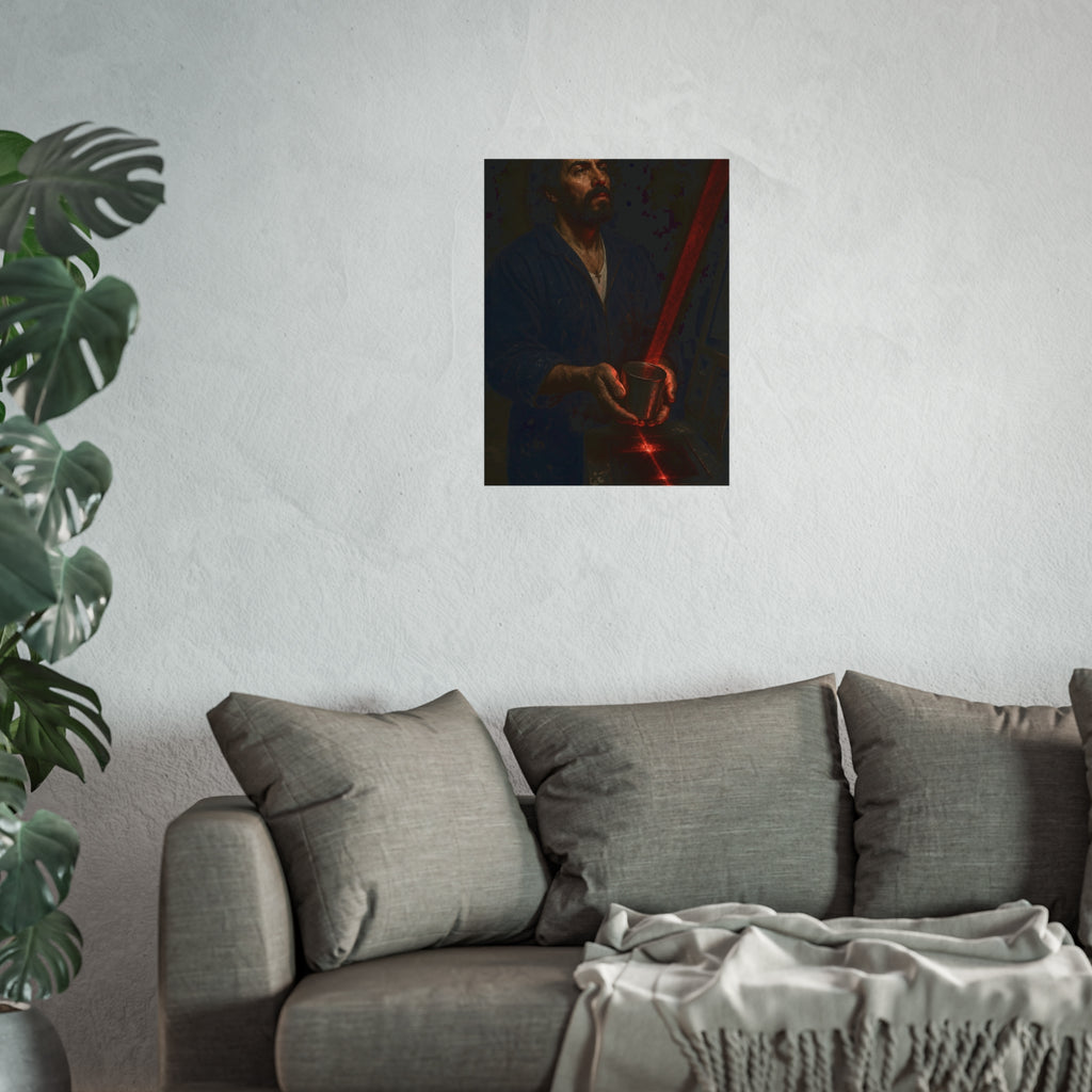 A man in blue coveralls holding a metal cup in a red scanner beam. The First Scan by Garabaggio, fine art print hanging in a room.