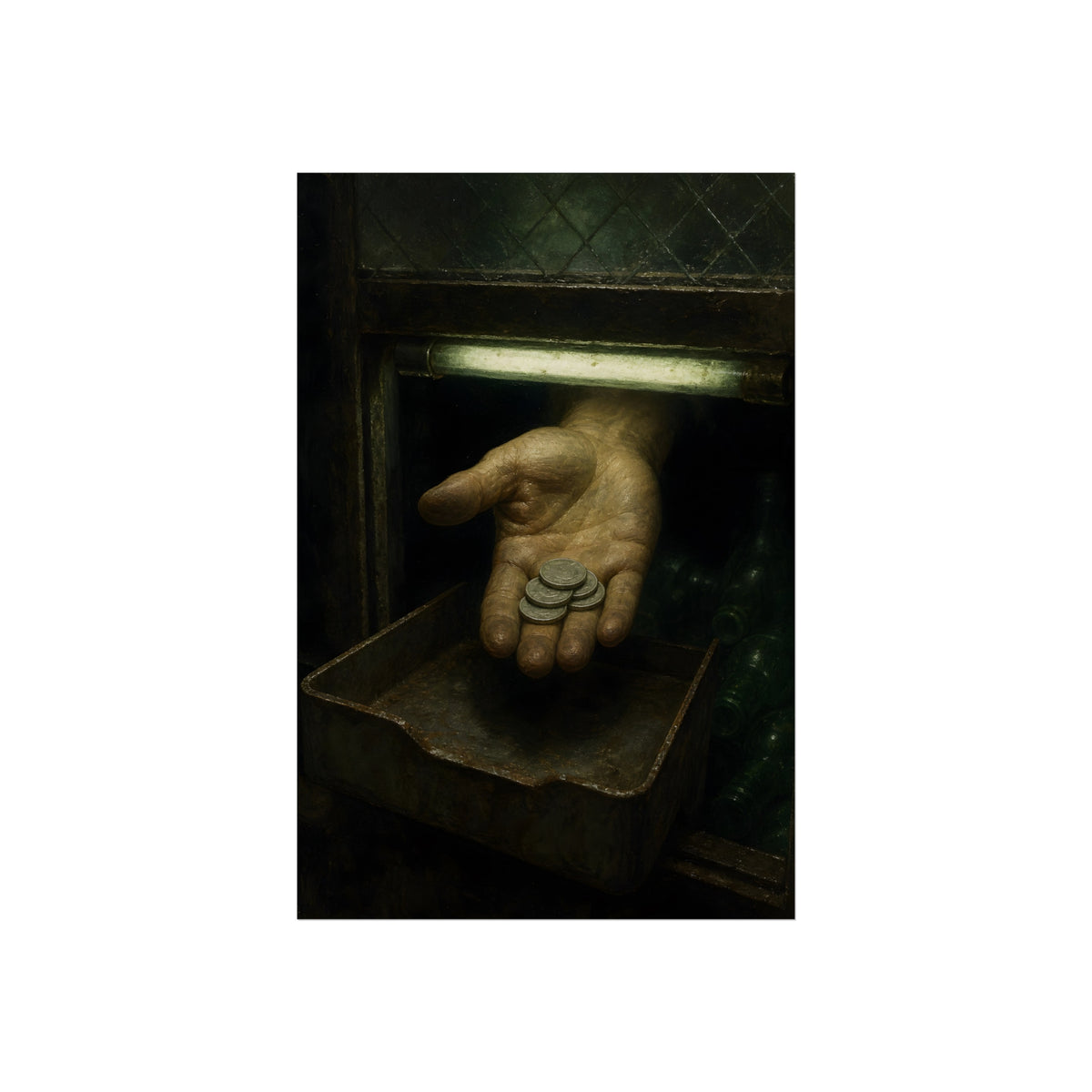 An open palm holding coins over a metal tray under a fluorescent tube. The Nickel Rendered by Garabaggio, fine art print, 24″ x 36″.