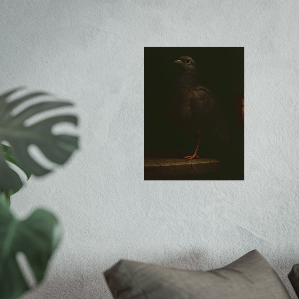 A pigeon standing on a cracked stone ledge in near darkness. The Martyrdom of the One-Legged Saint by Garabaggio, fine art print hanging in a room.