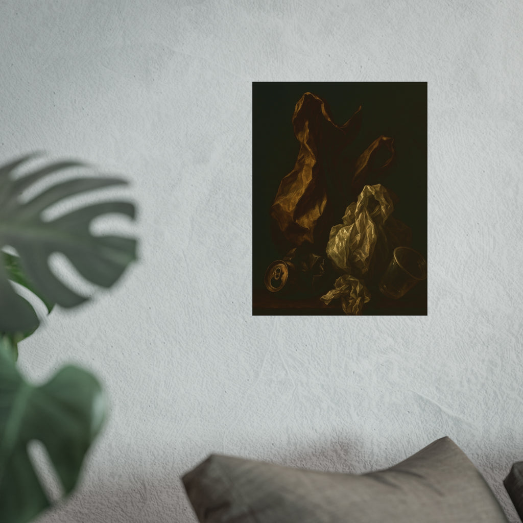 A plastic bag and crumpled paper beside a crushed can and clear cup. The Two Penitents by Garabaggio, fine art print hanging in a room.