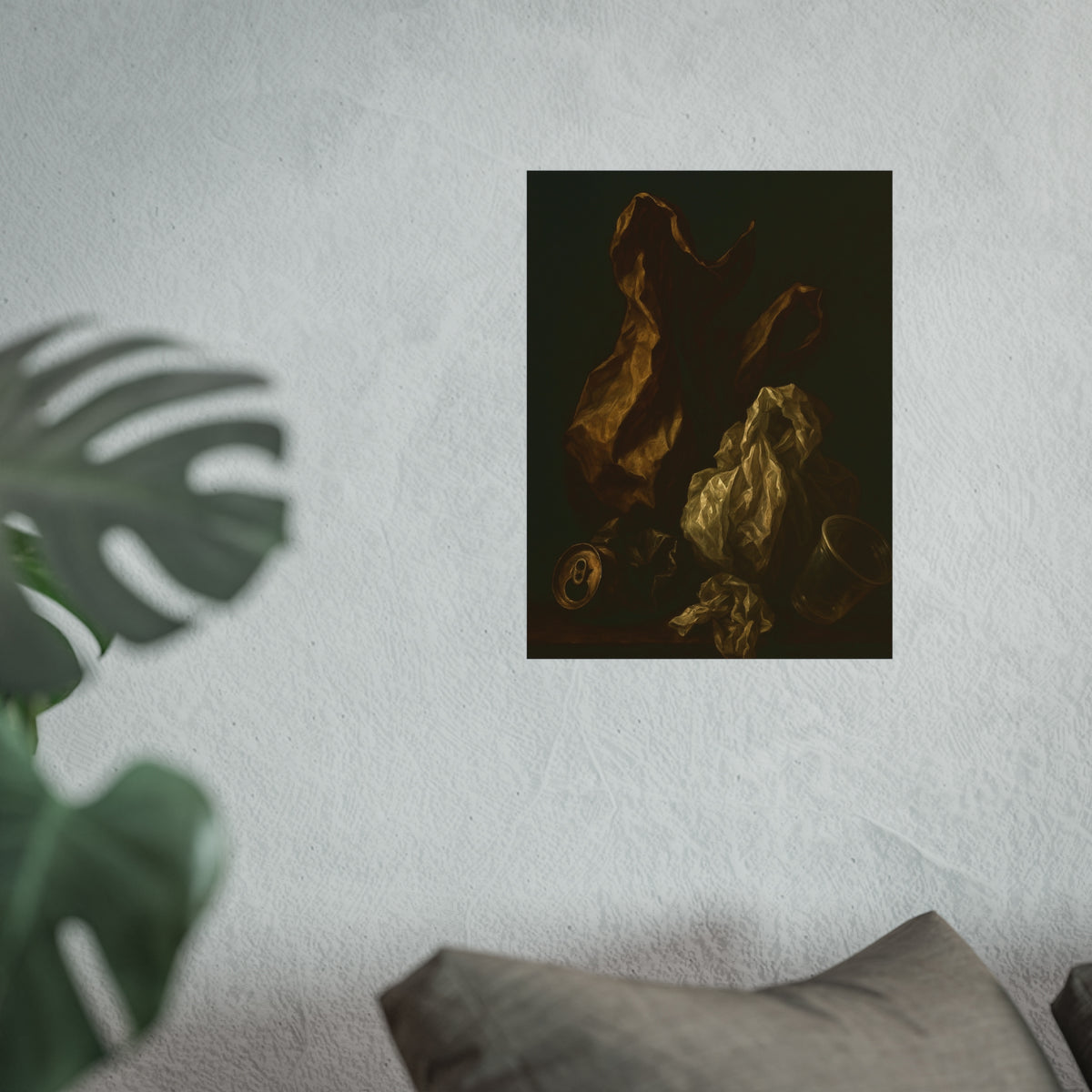 A plastic bag and crumpled paper beside a crushed can and clear cup. The Two Penitents by Garabaggio, fine art print hanging in a room.