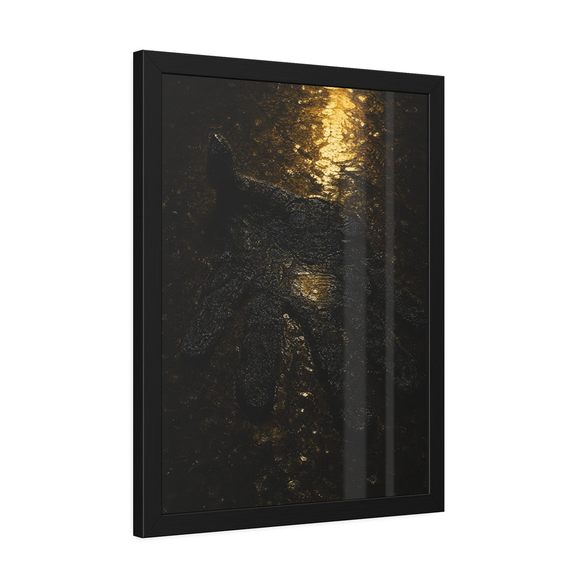 A flattened black glove pressed into wet asphalt beside a light streak. The Flattening, Study No. 1 by Garabaggio, framed fine art print hanging in a room.