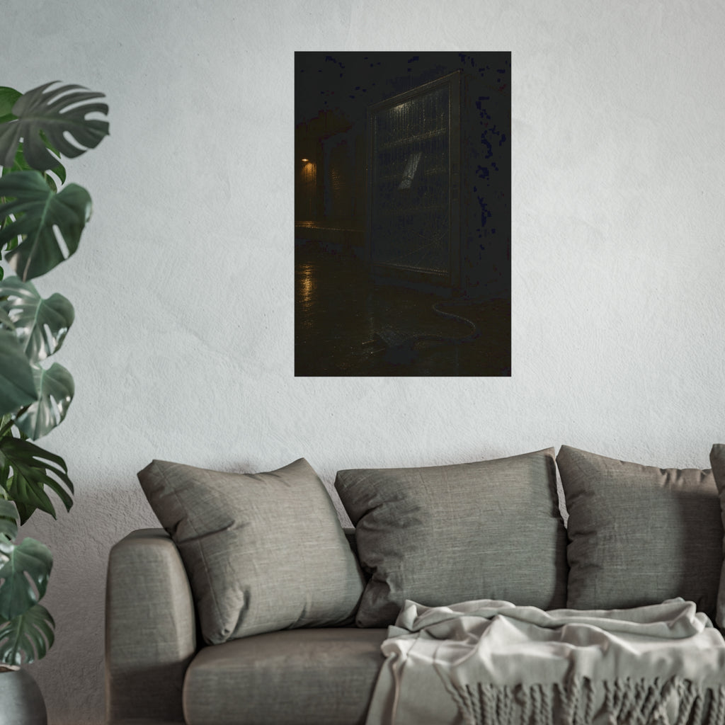 A vending machine in the rain, its cord and plug trailing across wet pavement. The Weathering Outside by Garabaggio, fine art print hanging in a room.