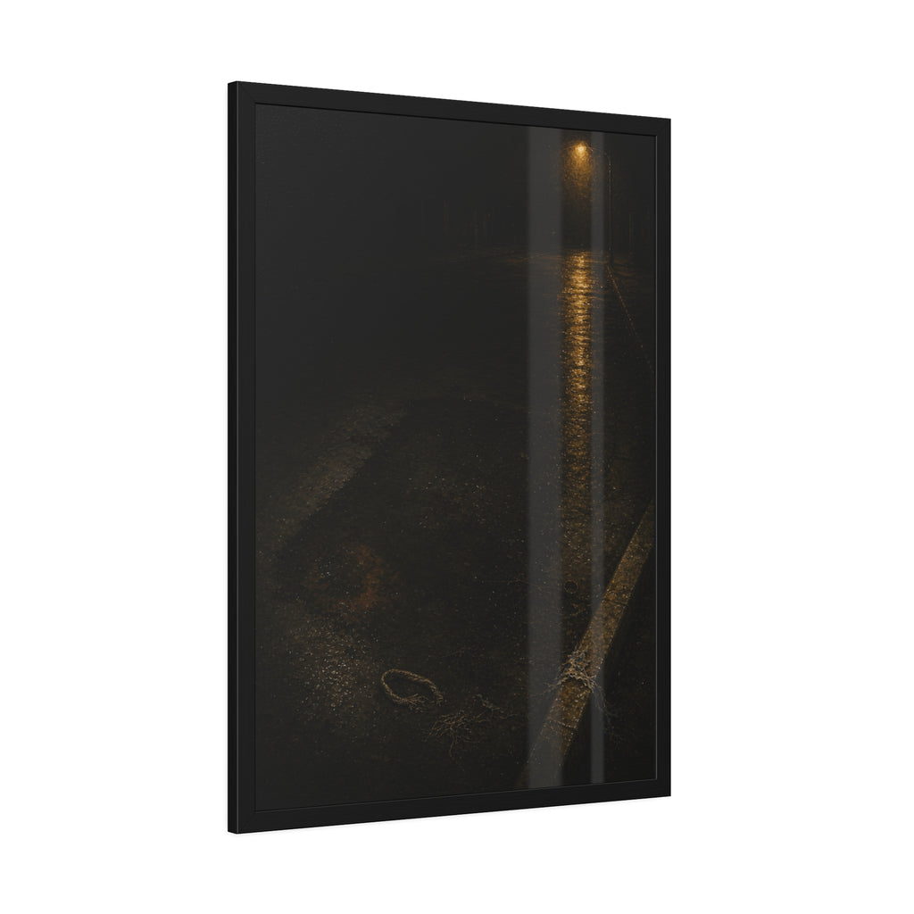 A rectangular stain on wet asphalt where something lay, under a streetlamp. The Stain After Removal by Garabaggio, framed fine art print hanging in a room.