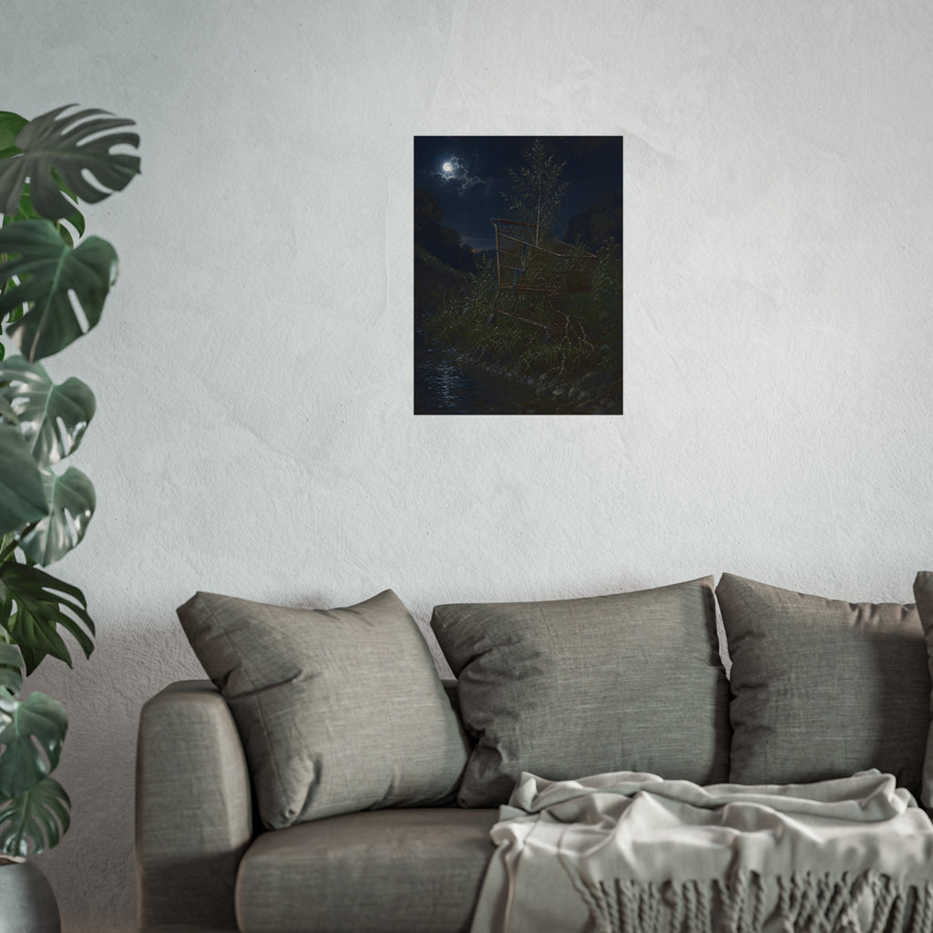 A shopping cart in creekside weeds with a sapling growing up through it. The Cart Grown Through by Garabaggio, fine art print hanging in a room.