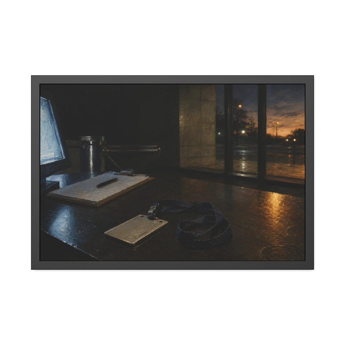 An ID badge and lanyard left on a security desk beside a lit monitor. The Badge on the Security Desk by Garabaggio, framed fine art print, 36″ x 24″.
