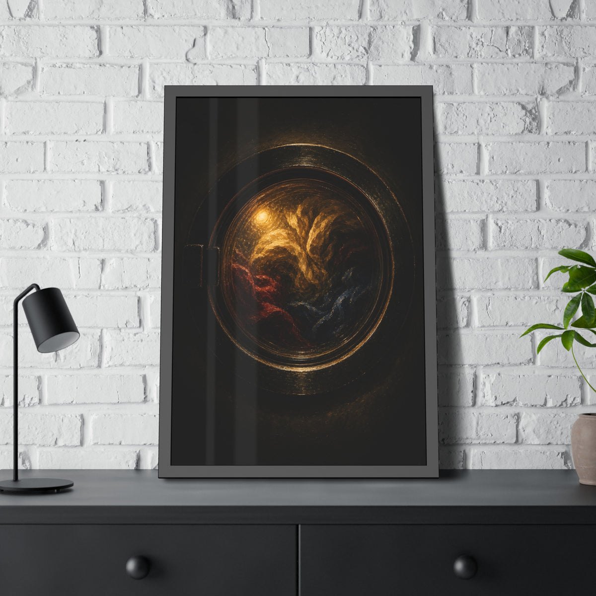 Colored laundry tumbling behind a round washer window in the dark. The Rose Window Turning by Garabaggio, framed fine art print hanging in a room.