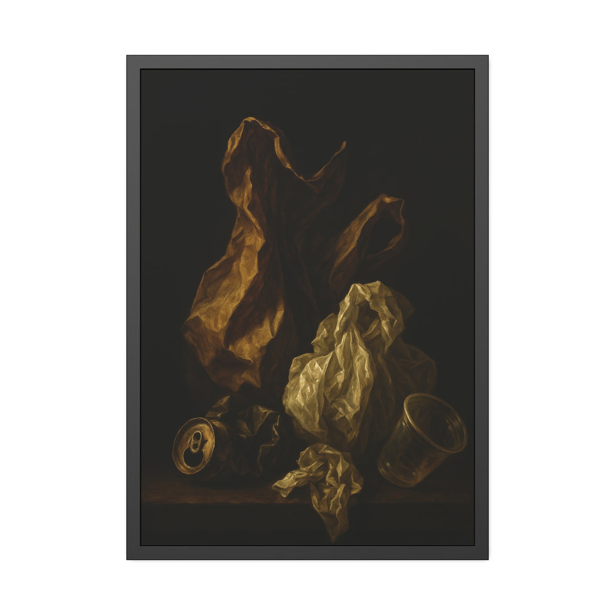 A plastic bag and crumpled paper beside a crushed can and clear cup. The Two Penitents by Garabaggio, framed fine art print hanging in a room.