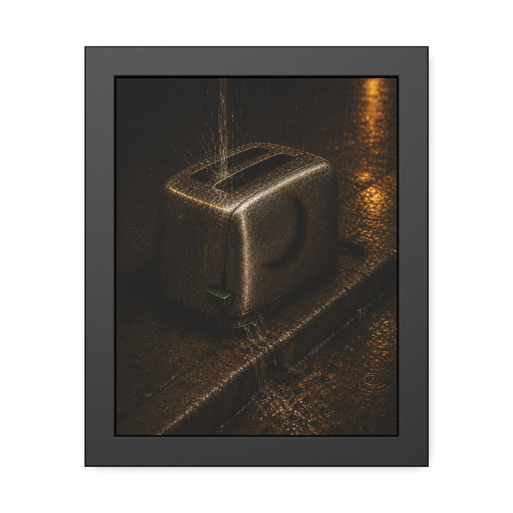 A toaster on a wet curb with water pouring into its slots. Rain Through the Slots by Garabaggio, framed fine art print, 11″ x 14″.