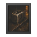 A toaster on a wet curb with water pouring into its slots. Rain Through the Slots by Garabaggio, framed fine art print, 11″ x 14″.