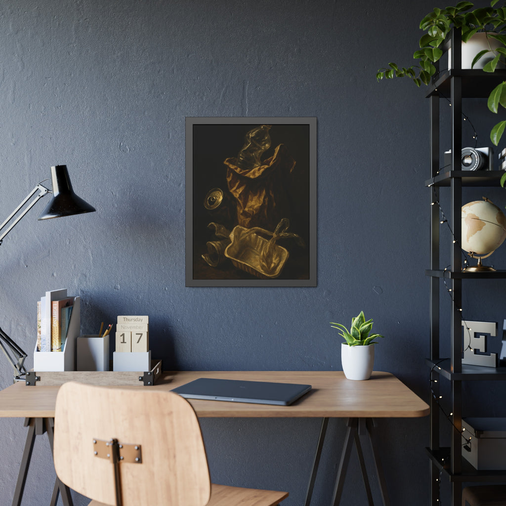 A paper bag, crushed bottle and foil tray lit against deep darkness. Reliquary of the Takeout by Garabaggio, framed fine art print hanging in a room.