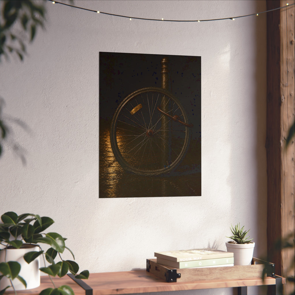 A bent bicycle wheel locked to a post on wet pavement. The Last Lock by Garabaggio, fine art print hanging in a room.