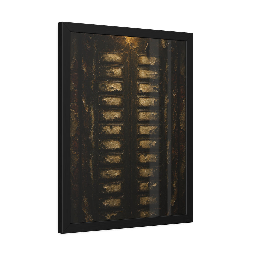 An apartment intercom panel with blank nameplates, lit from above. The Labels Removed by Garabaggio, framed fine art print hanging in a room.