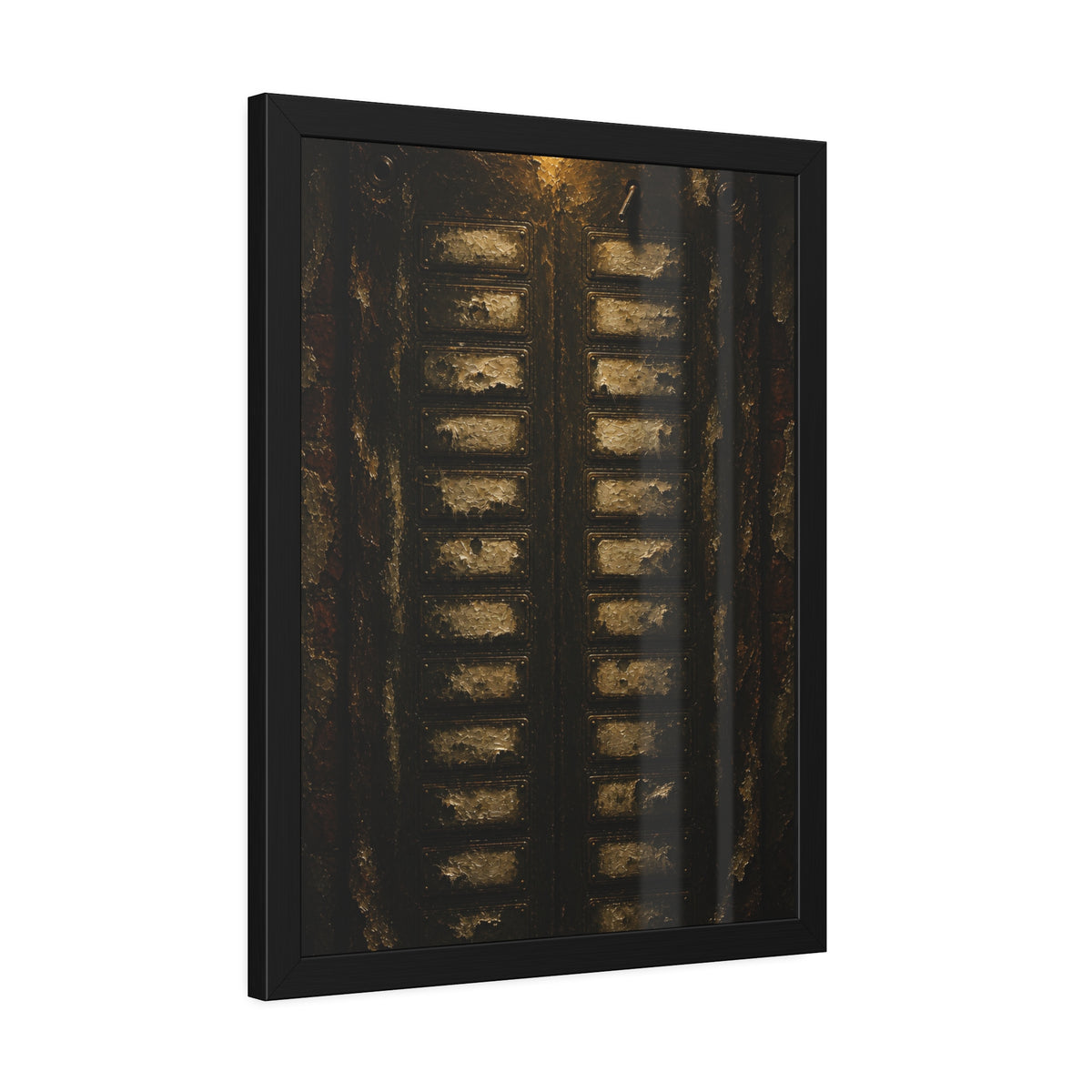 An apartment intercom panel with blank nameplates, lit from above. The Labels Removed by Garabaggio, framed fine art print hanging in a room.