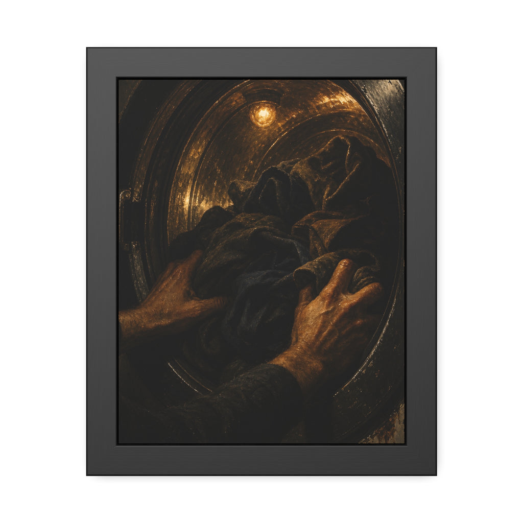 Two hands pushing dark laundry into a washer drum lit by a small bulb. The Loading of the Drum by Garabaggio, framed fine art print, 11″ x 14″.
