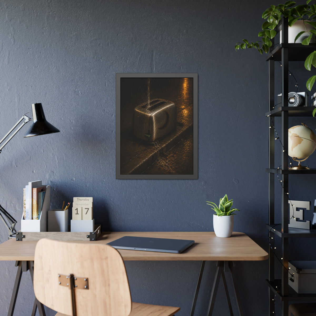 A toaster on a wet curb with water pouring into its slots. Rain Through the Slots by Garabaggio, framed fine art print hanging in a room.