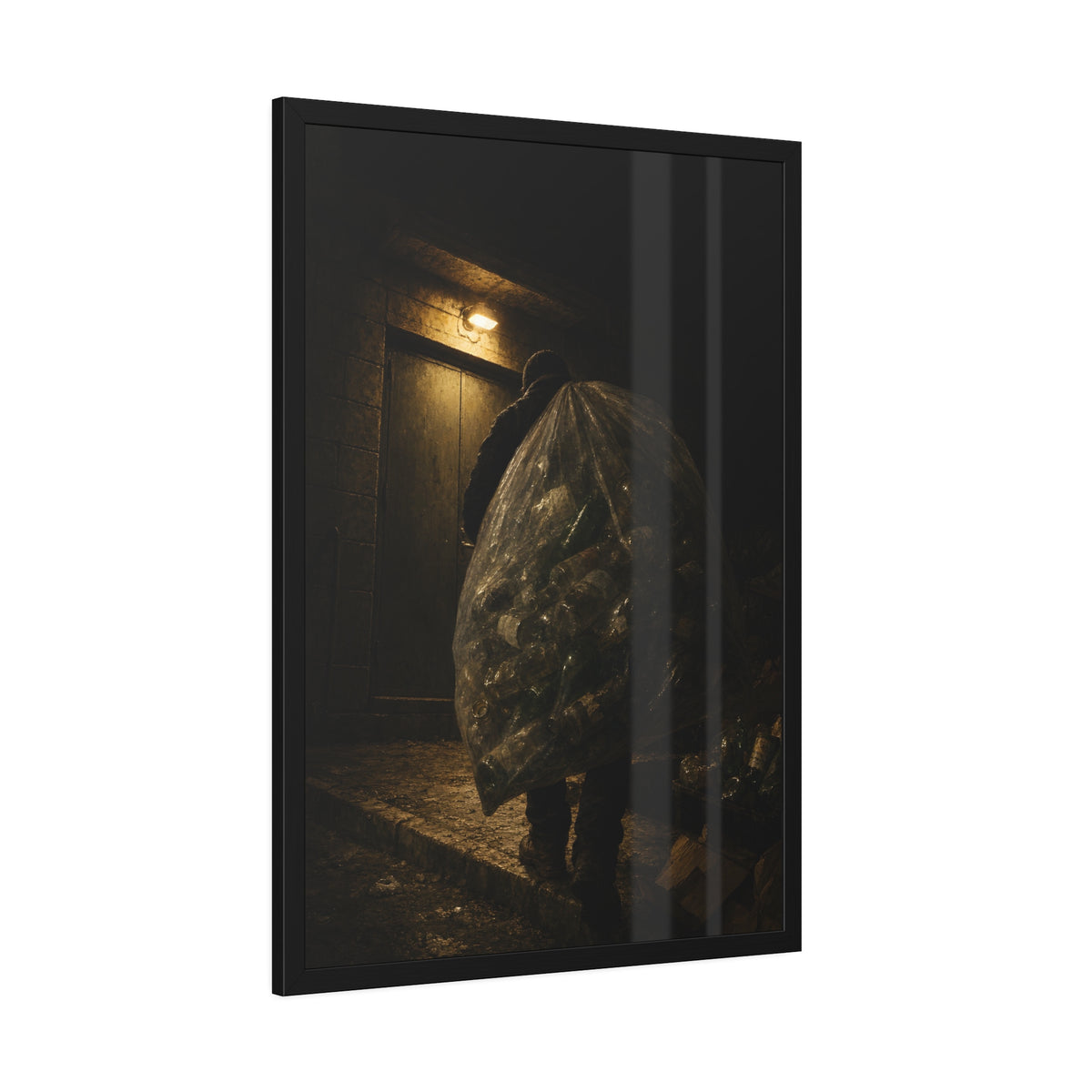 A man carrying a huge bag of bottles past a lit doorway at night. The Bag Carried Before Dawn by Garabaggio, framed fine art print hanging in a room.