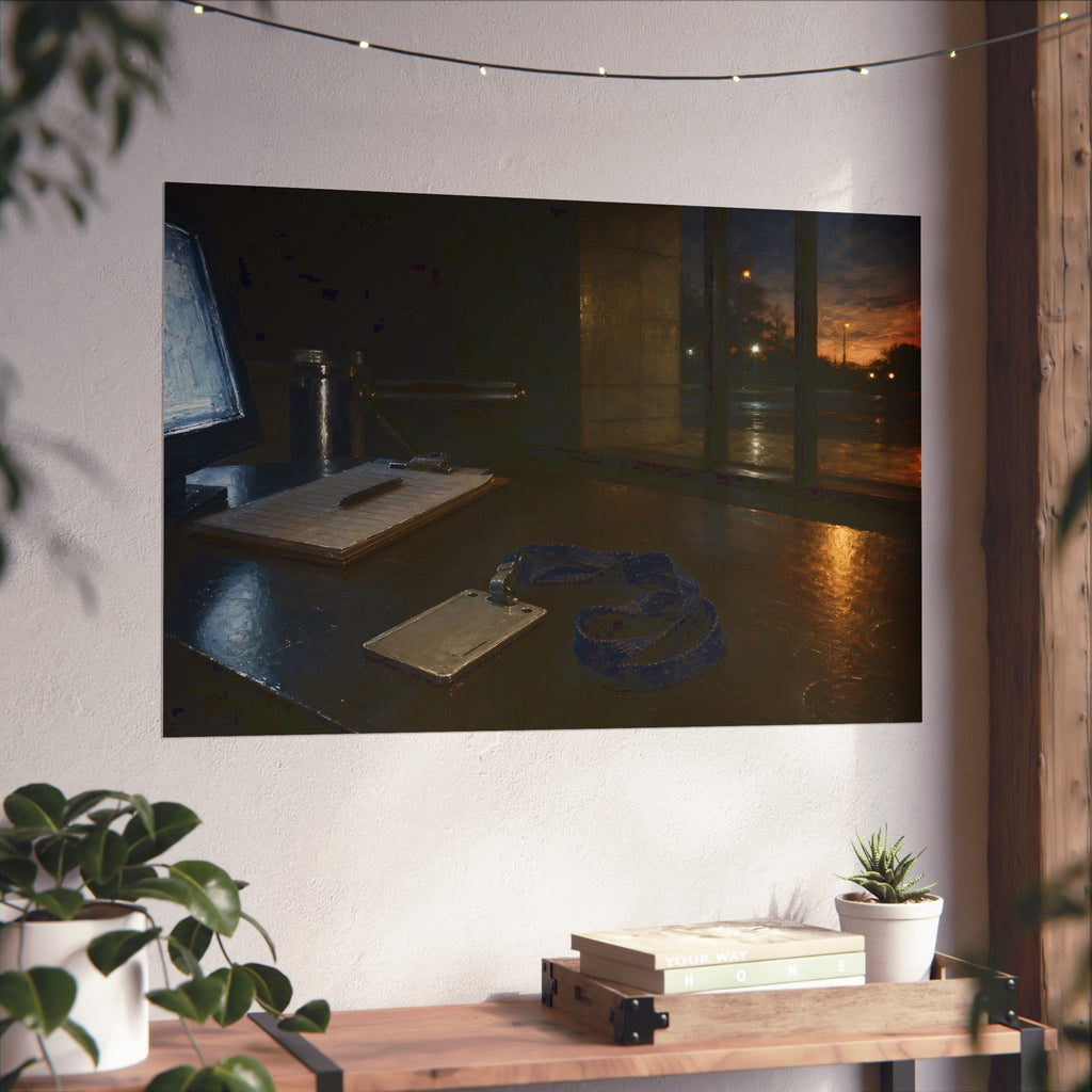 An ID badge and lanyard left on a security desk beside a lit monitor. The Badge on the Security Desk by Garabaggio, fine art print hanging in a room.