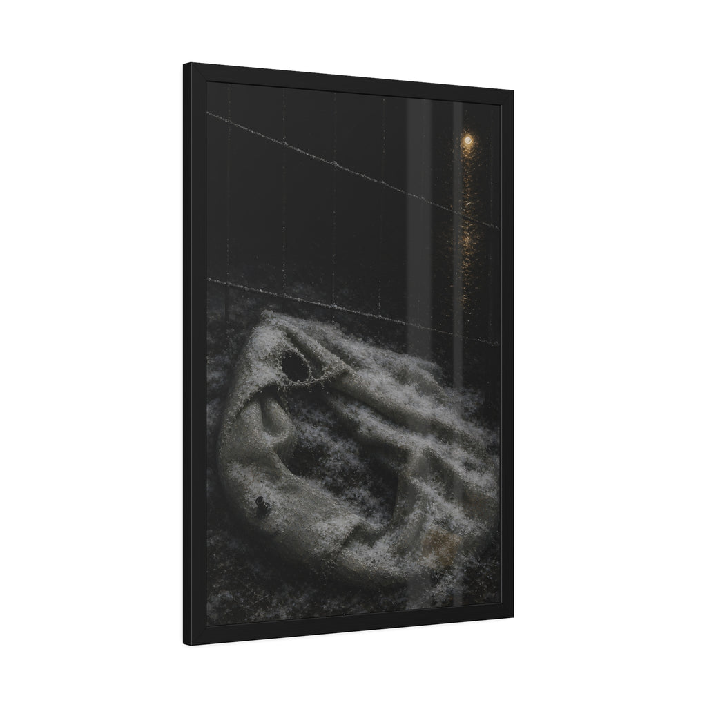 A deflated pool float under snow beside a chain link fence at night. The Bleaching Under Snow by Garabaggio, framed fine art print hanging in a room.