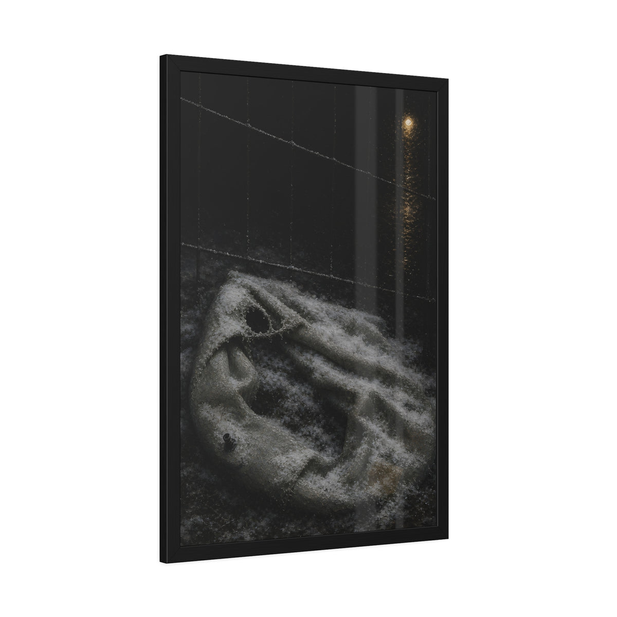 A deflated pool float under snow beside a chain link fence at night. The Bleaching Under Snow by Garabaggio, framed fine art print hanging in a room.