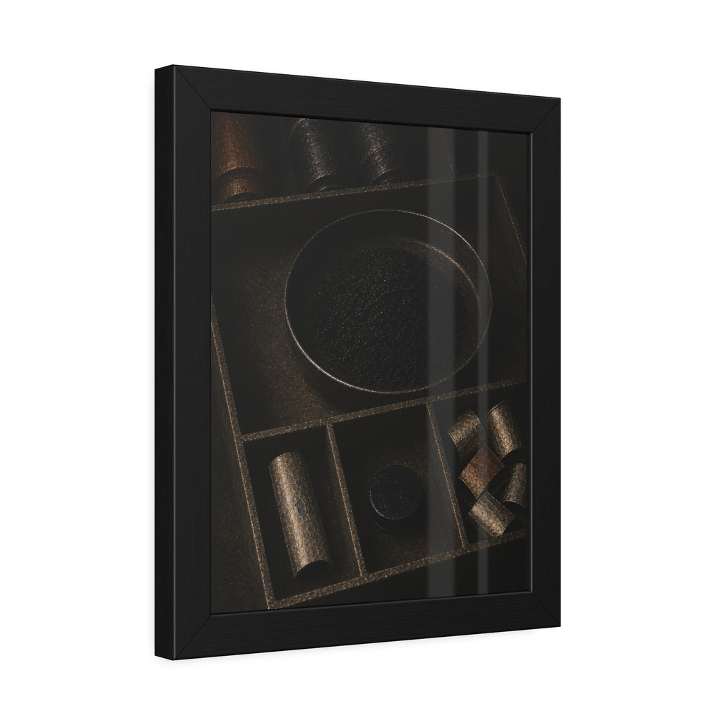 Battery casings and black powder sorted into the trays of a dim box. The Black Recovery by Garabaggio, framed fine art print hanging in a room.