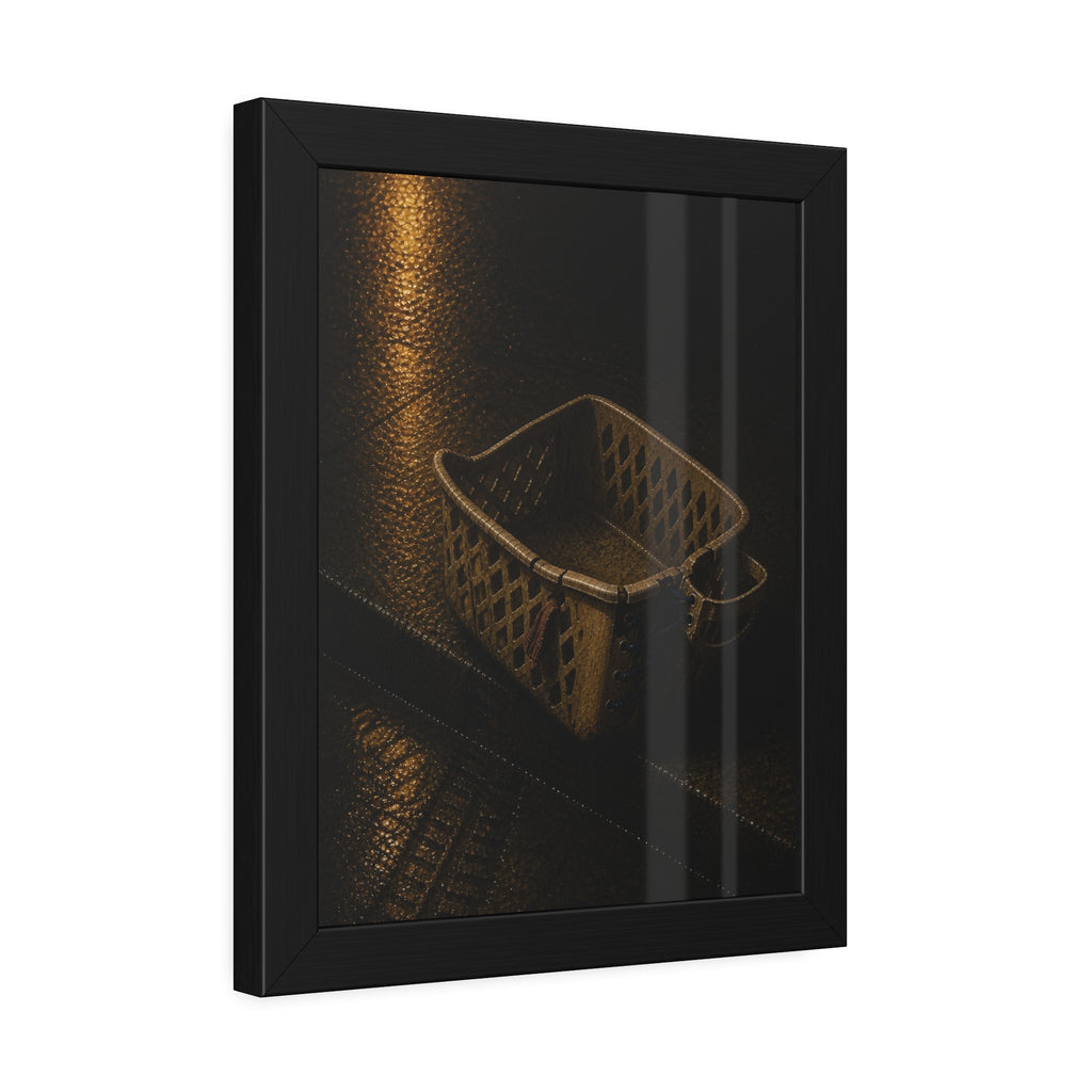 A cracked plastic laundry basket with a warped rim on wet asphalt. The Crushing of the Rim by Garabaggio, framed fine art print hanging in a room.