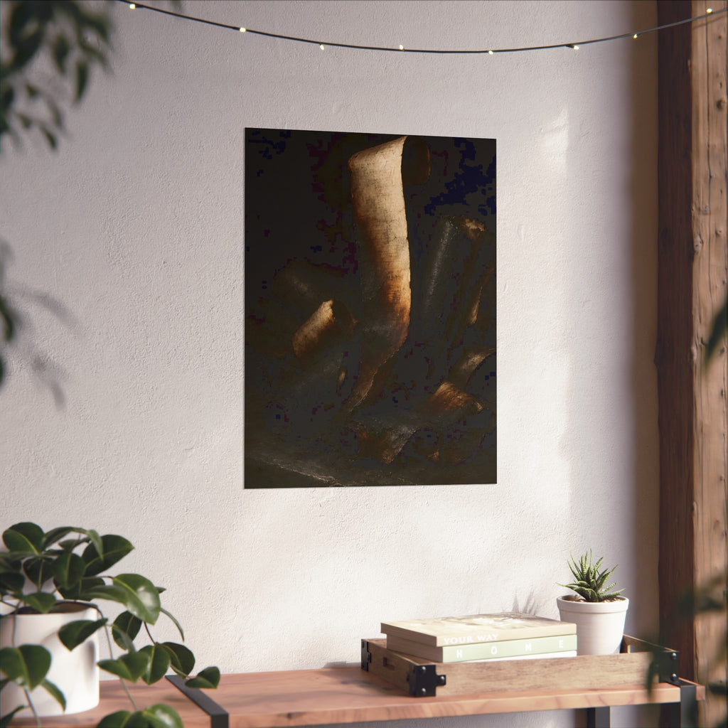 Charred curls of paper heaped together, one pale roll standing upright. The Blackening by Garabaggio, fine art print hanging in a room.