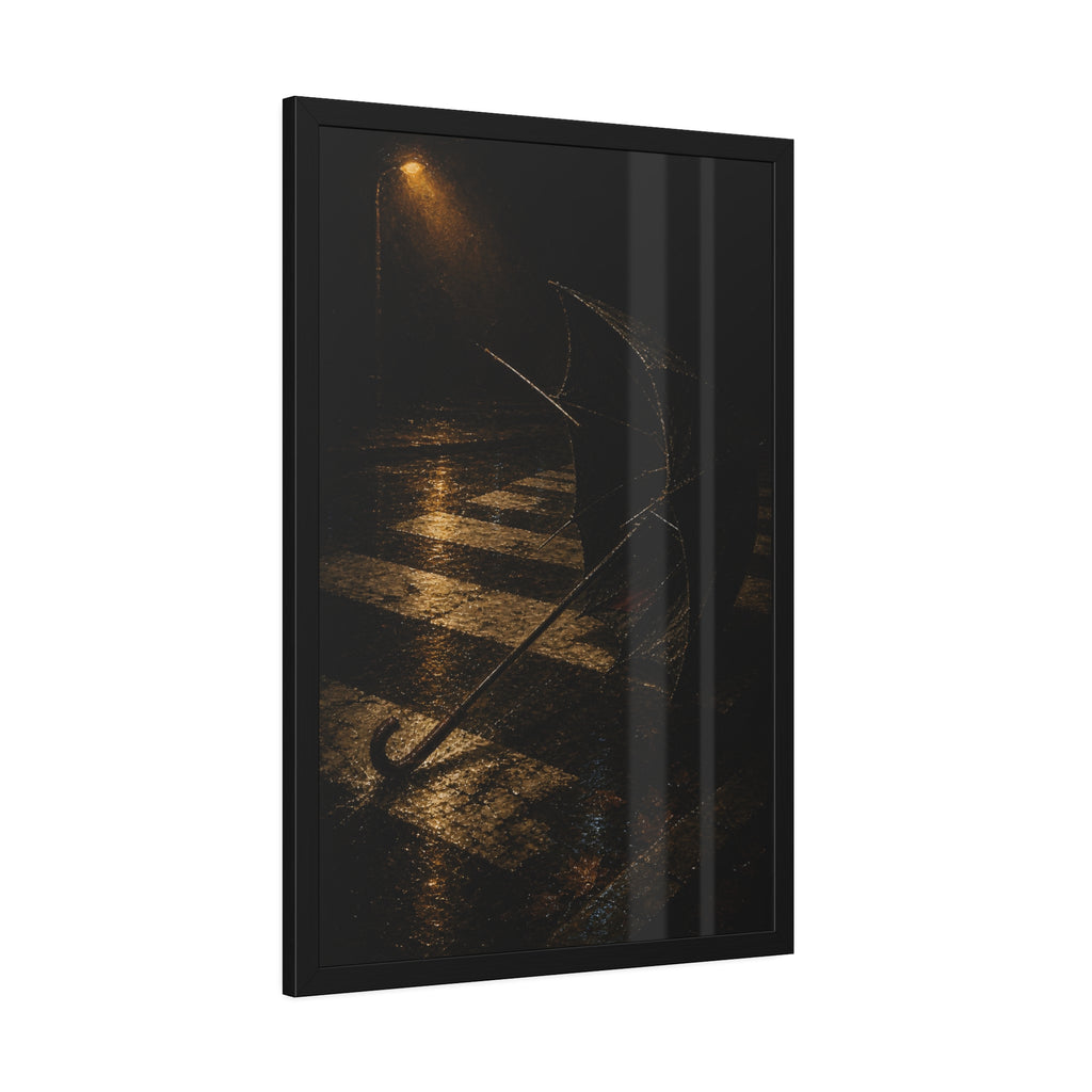 A blown out umbrella lying on wet checkered pavement under a street lamp. The Taking by the Wind by Garabaggio, framed fine art print hanging in a room.
