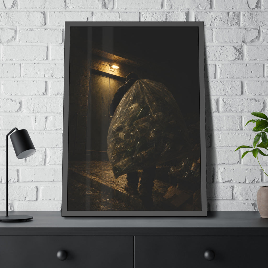 A man carrying a huge bag of bottles past a lit doorway at night. The Bag Carried Before Dawn by Garabaggio, framed fine art print hanging in a room.