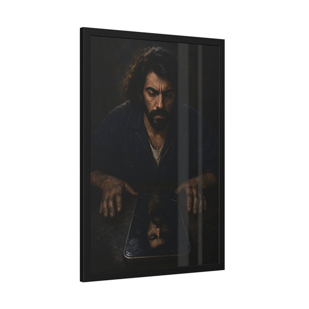 A bearded man in coveralls looking down at his face in a cracked screen. The Mirror After Midnight by Garabaggio, framed fine art print hanging in a room.