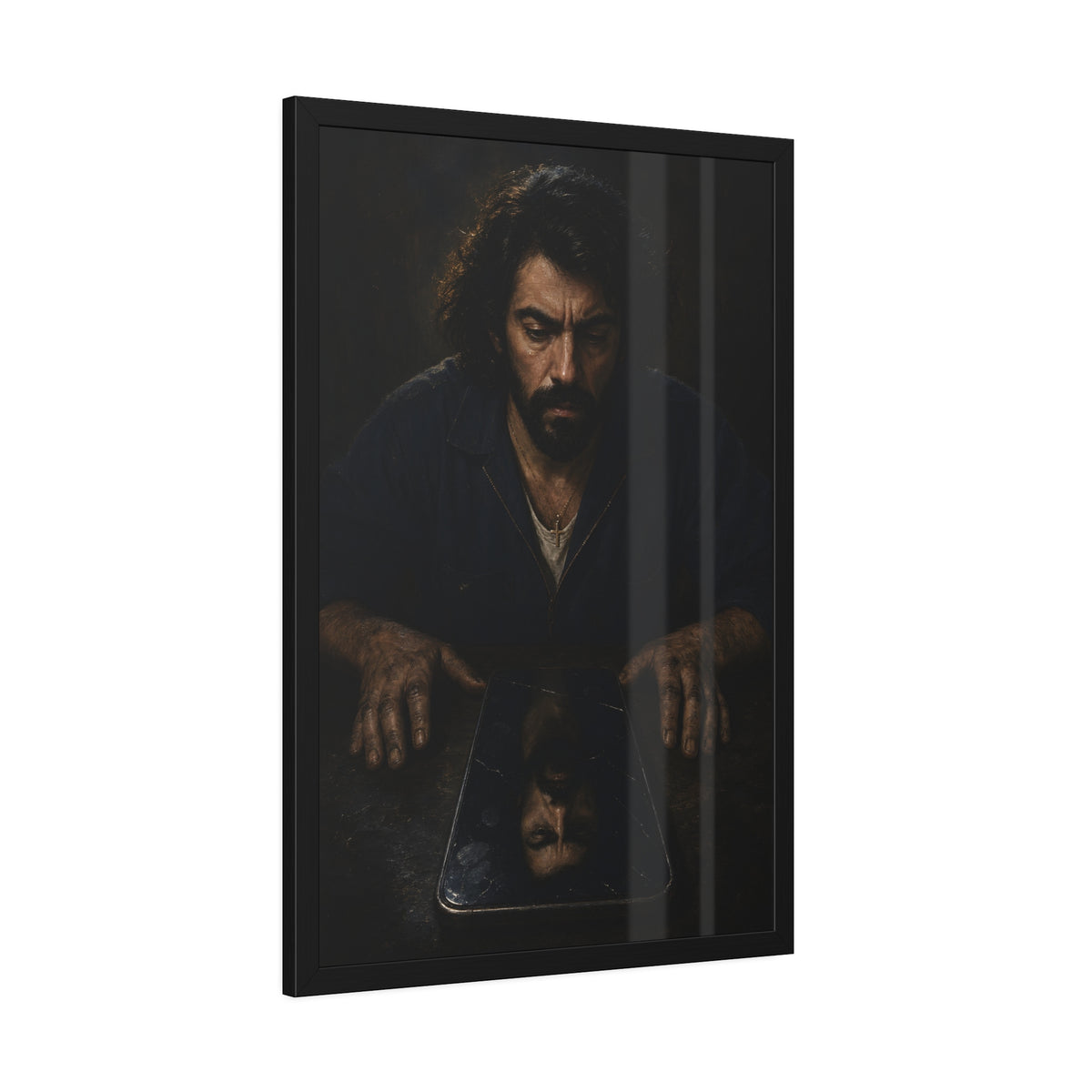 A bearded man in coveralls looking down at his face in a cracked screen. The Mirror After Midnight by Garabaggio, framed fine art print hanging in a room.