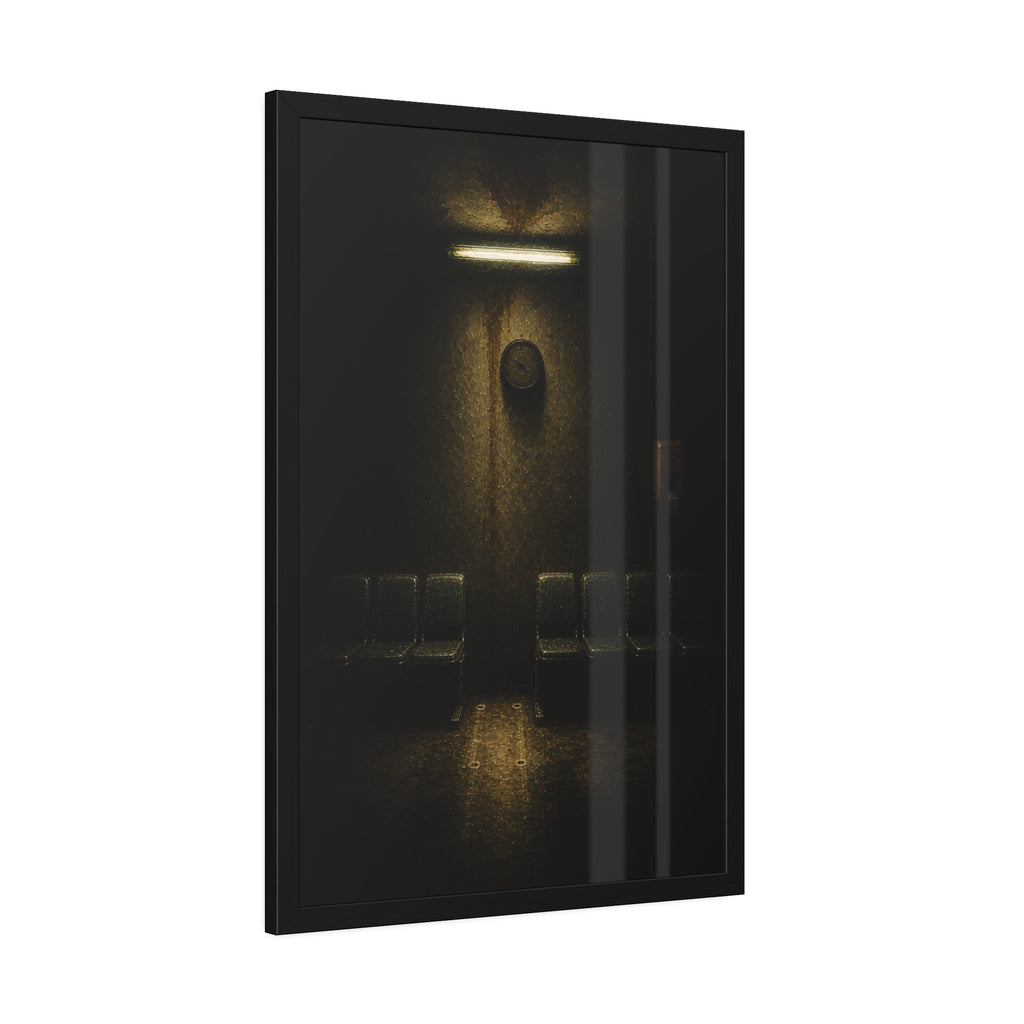 A gap in a row of waiting room chairs below a clock and one strip light. One Chair Removed by Garabaggio, framed fine art print hanging in a room.