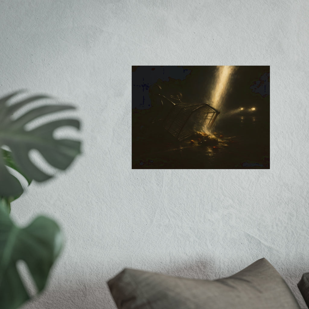 A tipped shopping cart spilling groceries in a shaft of light. The Conversion of the Shopping Cart by Garabaggio, fine art print hanging in a room.