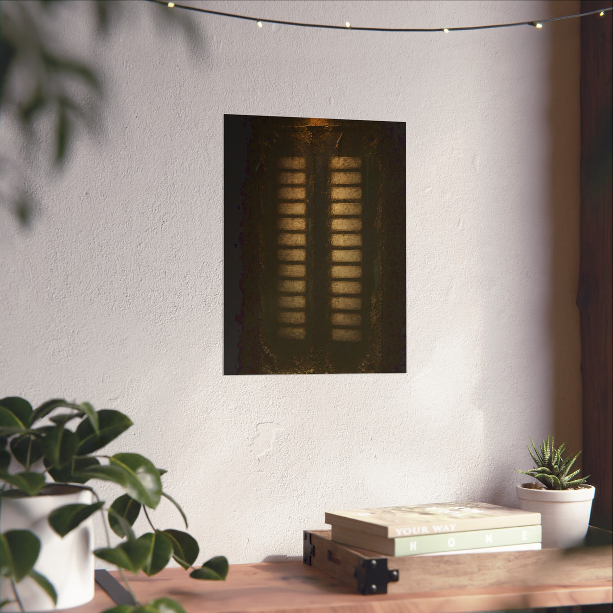 Two columns of blank name slots on a corroded intercom panel. Twenty-Four Pale Rectangles by Garabaggio, fine art print hanging in a room.